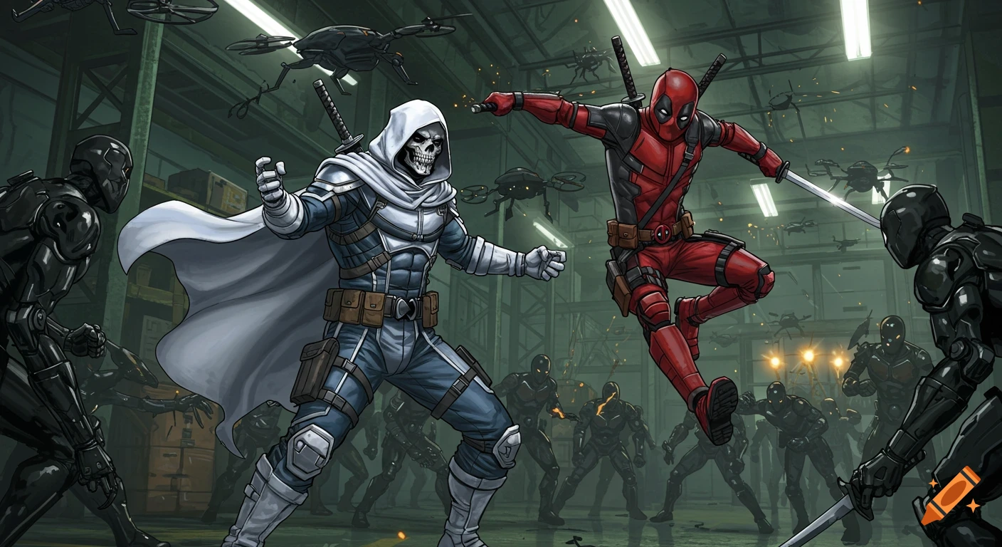 Taskmaster and Deadpool fight black android henchmen and flying drones in a warehouse, comic book illustration style.
