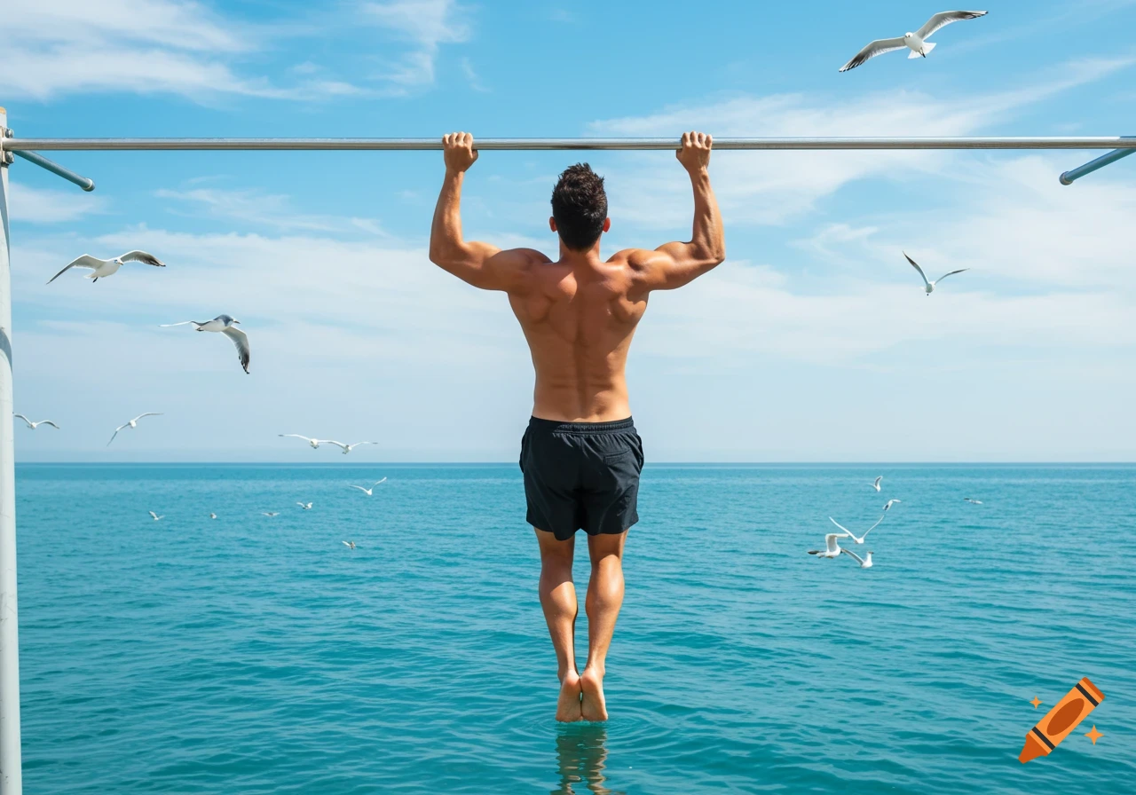 A muscular man does pull-ups on a bar above a turquoise ocean, with seagulls flying under a clear blue sky.