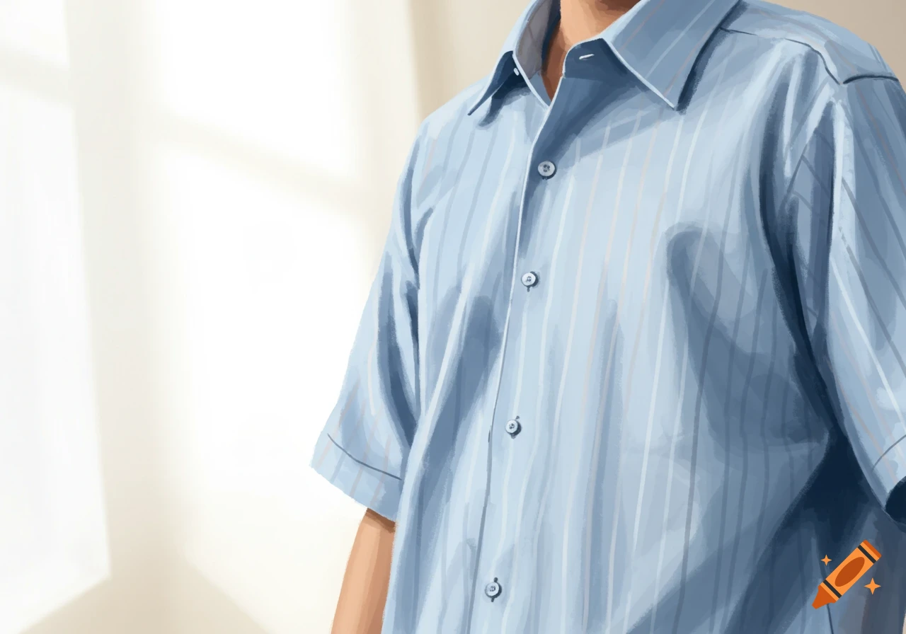 Close-up of a person wearing a light blue striped short-sleeved button-up shirt in a bright room.