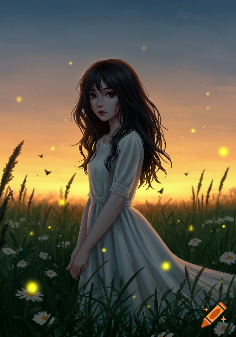 A digital painting of a girl with long dark hair in a white dress standing in a field with daisies and fireflies at sunset.