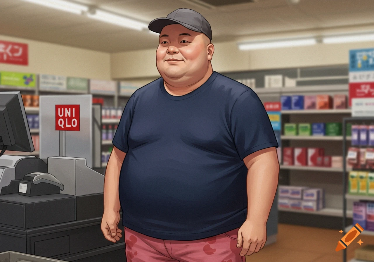 An overweight bald man wearing a baseball cap, blue t-shirt, and pink patterned shorts stands smiling in an illustrated convenience store.