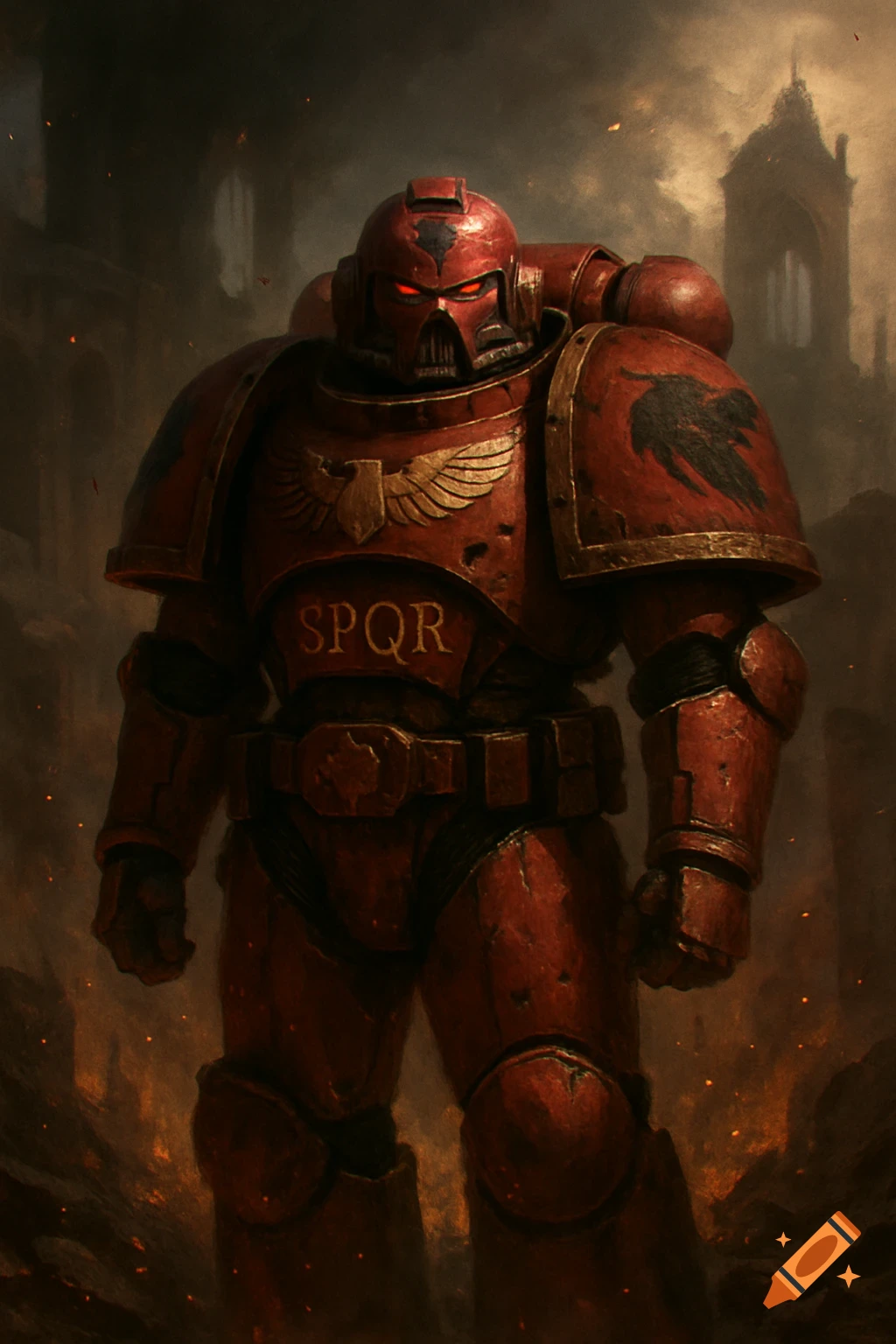 A red Space Marine, battle-worn and armored, with glowing red eyes and "SPQR" on its chest, stands amidst a desolate, burning cityscape.