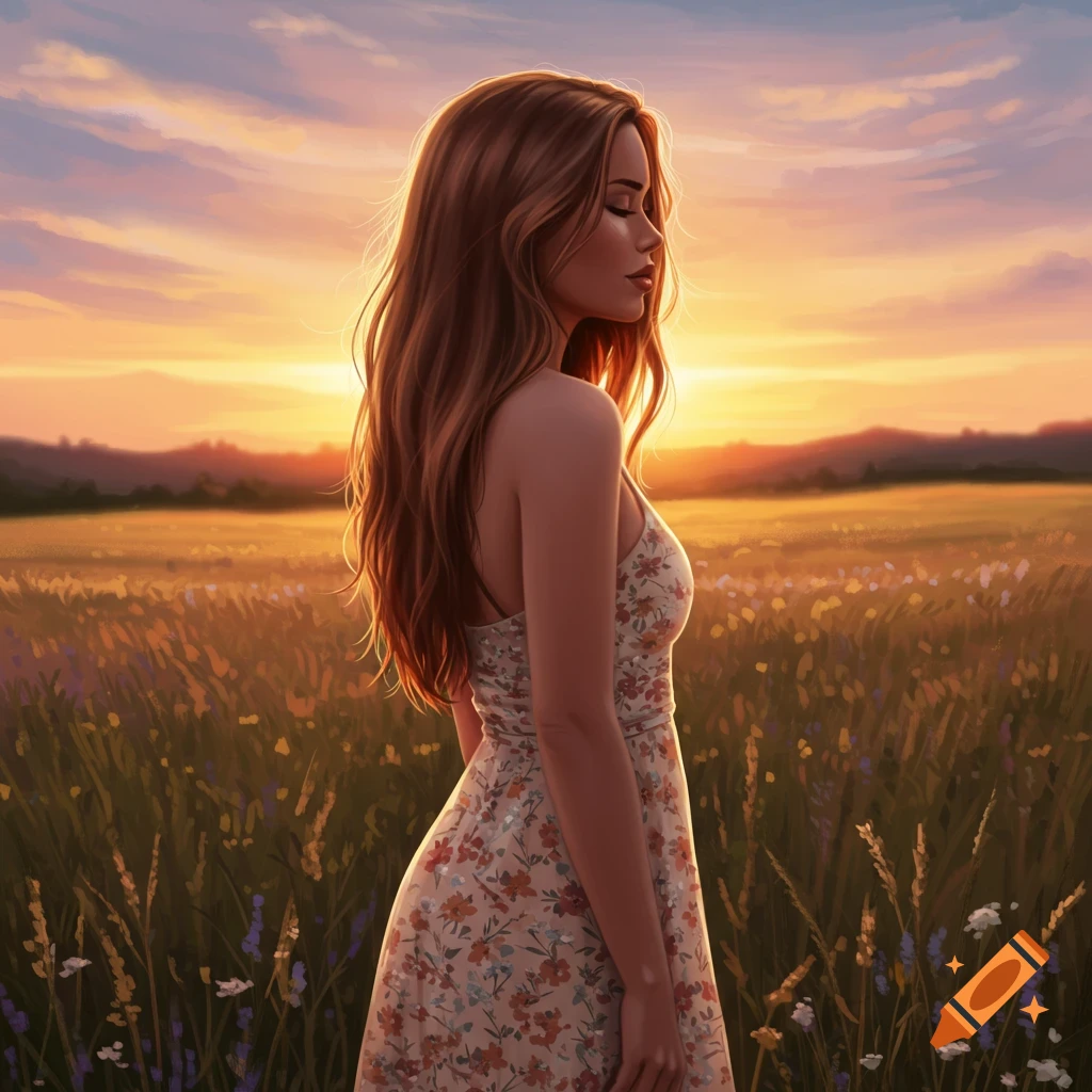 A woman with long, flowing brown hair in a floral dress stands in a field of wildflowers at sunset, with closed eyes.