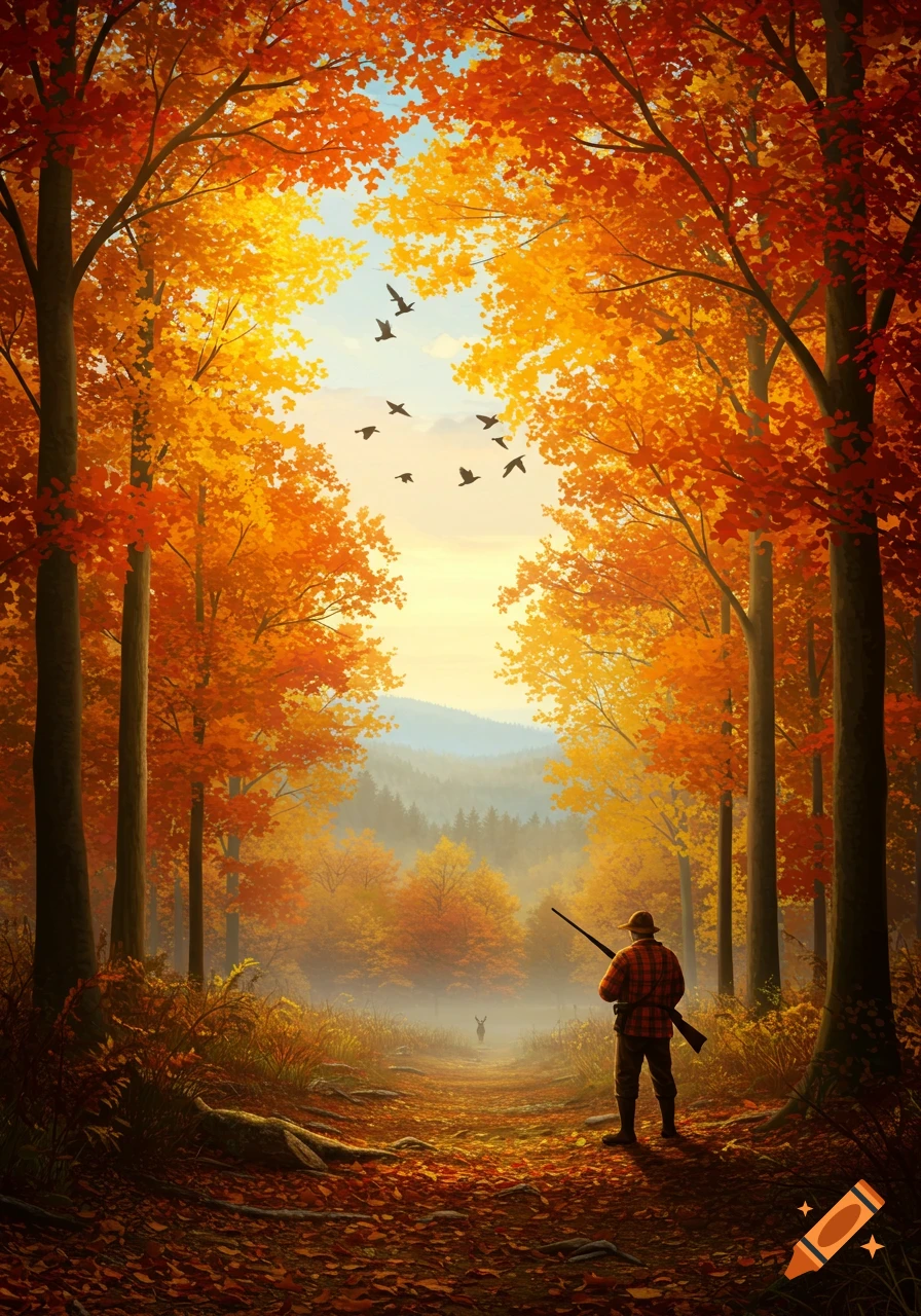 A hunter on a forest path with vibrant autumn leaves, looking at a deer in the distance, with birds flying above.