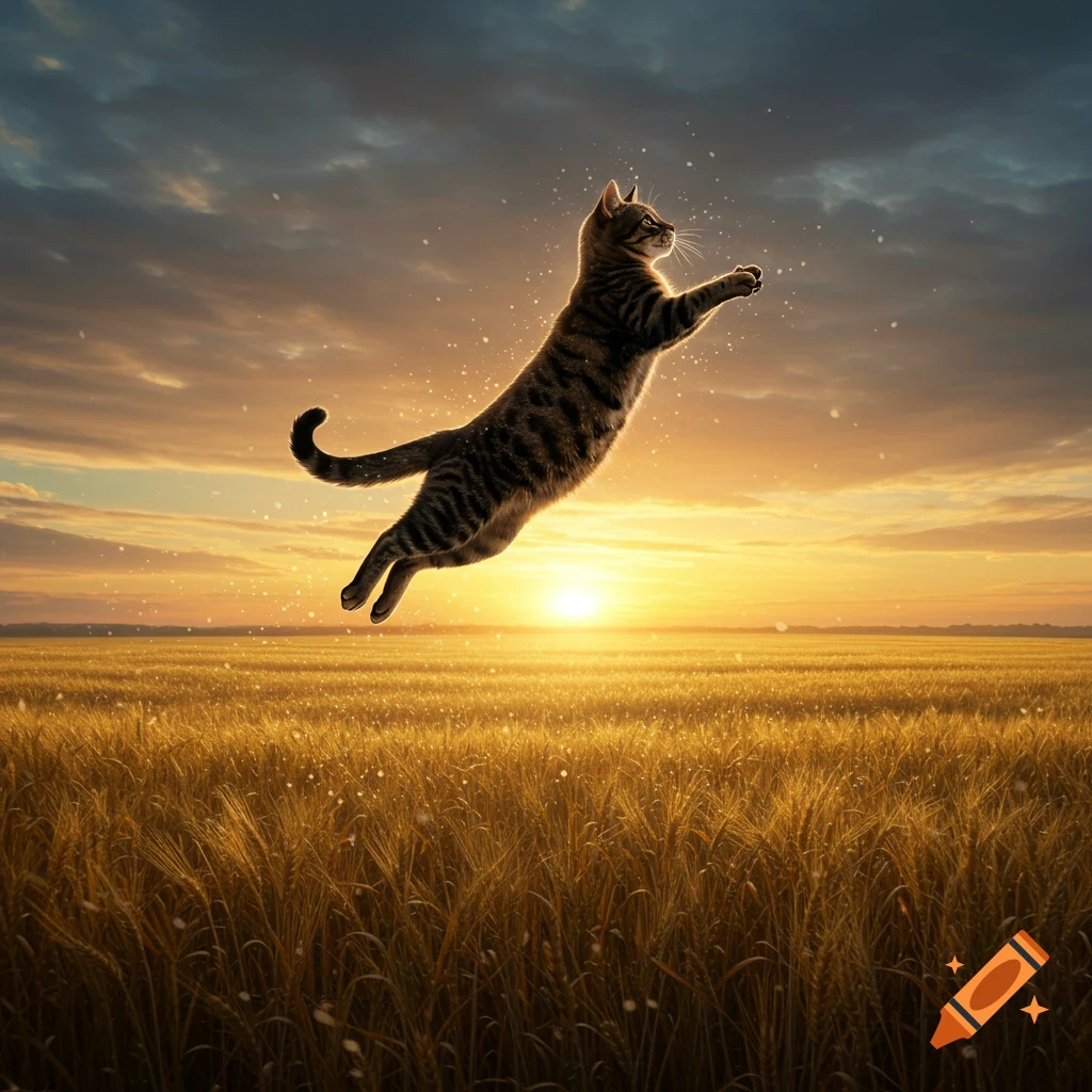 A striped tabby cat leaps high into the air over a golden wheat field with a vibrant sunset and cloudy sky.
