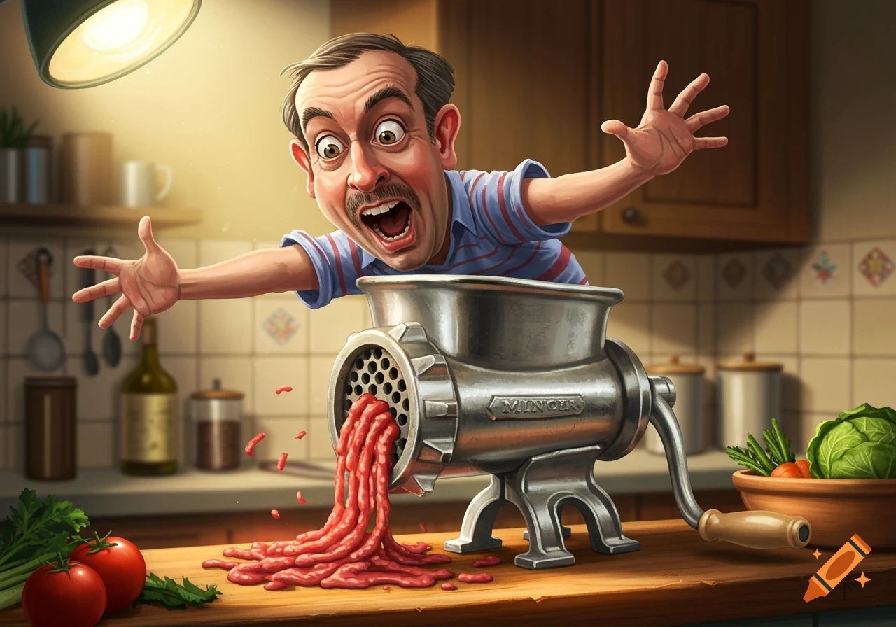 A cartoon caricature of a screaming man being half-pulled through a meat mincer, which churns out ground meat onto a kitchen counter.