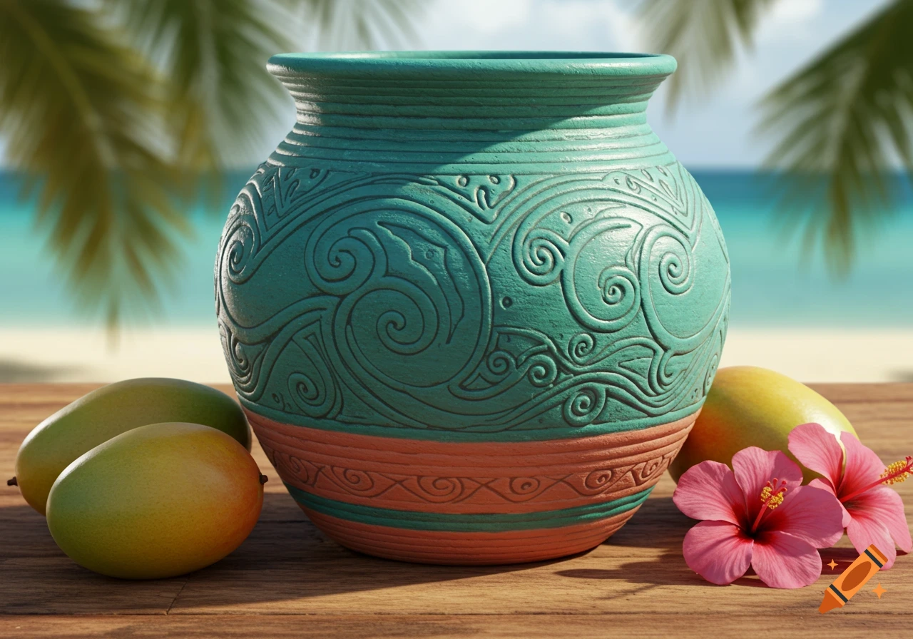 A photorealistic teal patterned coil pot with mangos and pink hibiscus flowers on a wooden table, against a tropical beach background.