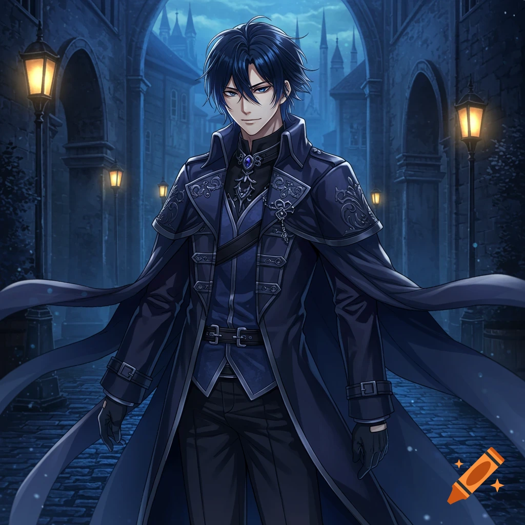 Anime male with dark blue hair in a medieval blue trench coat stands on a dimly lit gothic street.