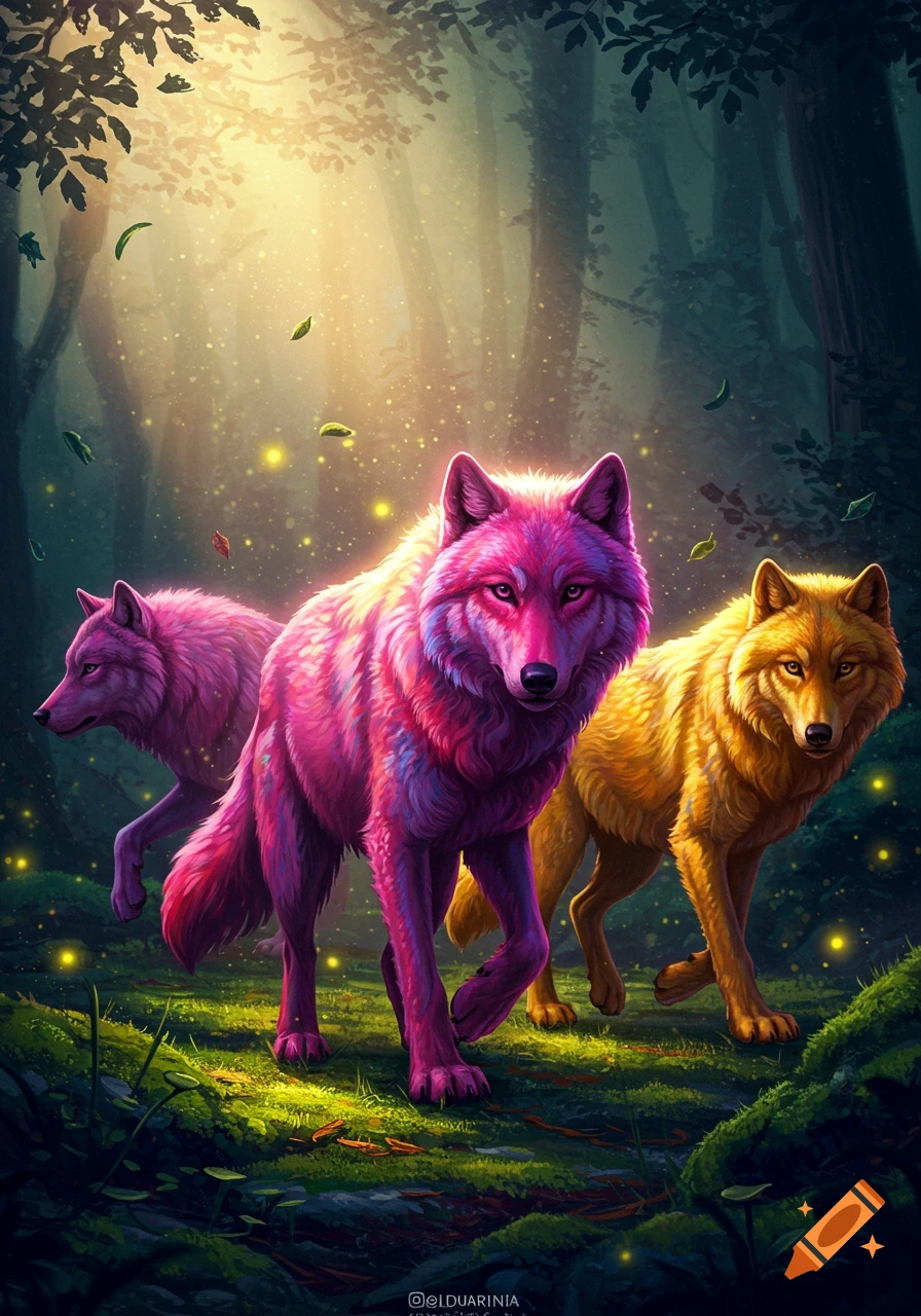 Three colorful, glowing wolves, one pink, one magenta, and one golden, walk through a magical, sunlit forest with falling leaves and glowing specks, digital art.