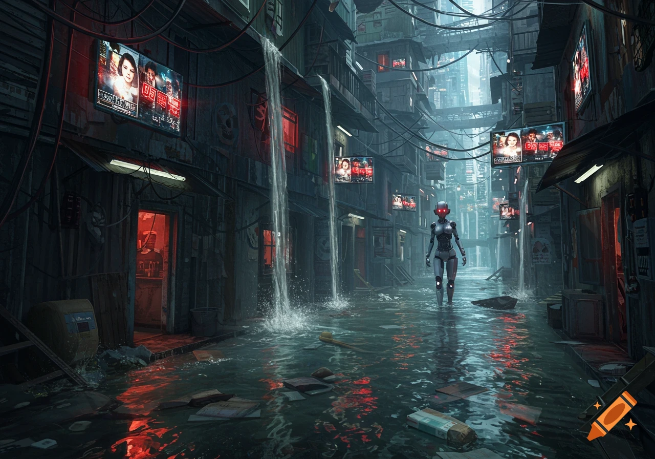 A silver robot walks through a dark, flooded alley in a neon-lit cyberpunk city, with water cascading from buildings and glowing screens.