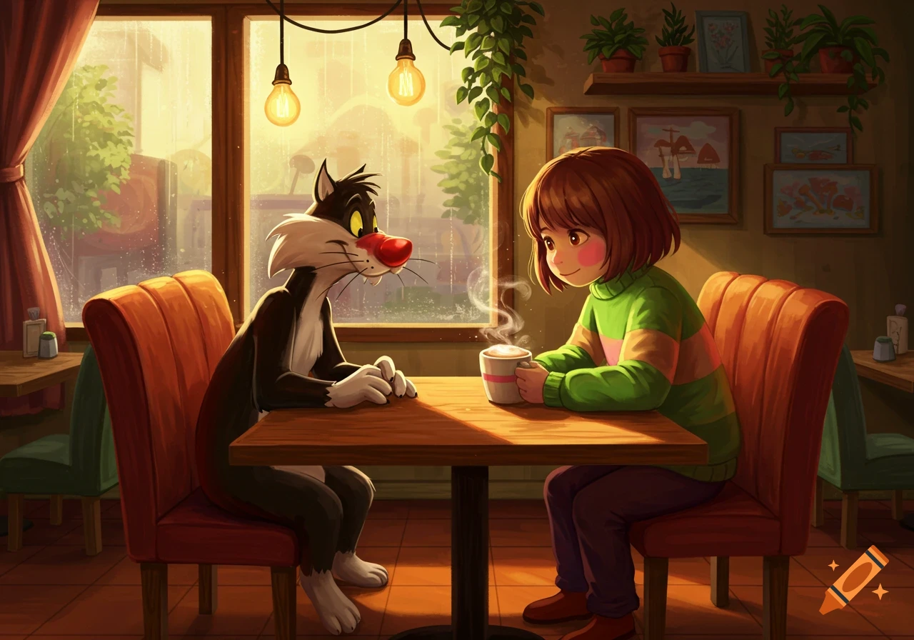 Chara from Undertale and Sylvester the Cat sit at a cafe table, Chara sips from a steaming cup in a warm, animated style.