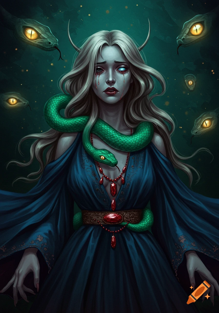 Dark fantasy art of a pale, long-haired monster-like woman with a green snake around her neck, crying red tears, against a backdrop of floating snake eyes.