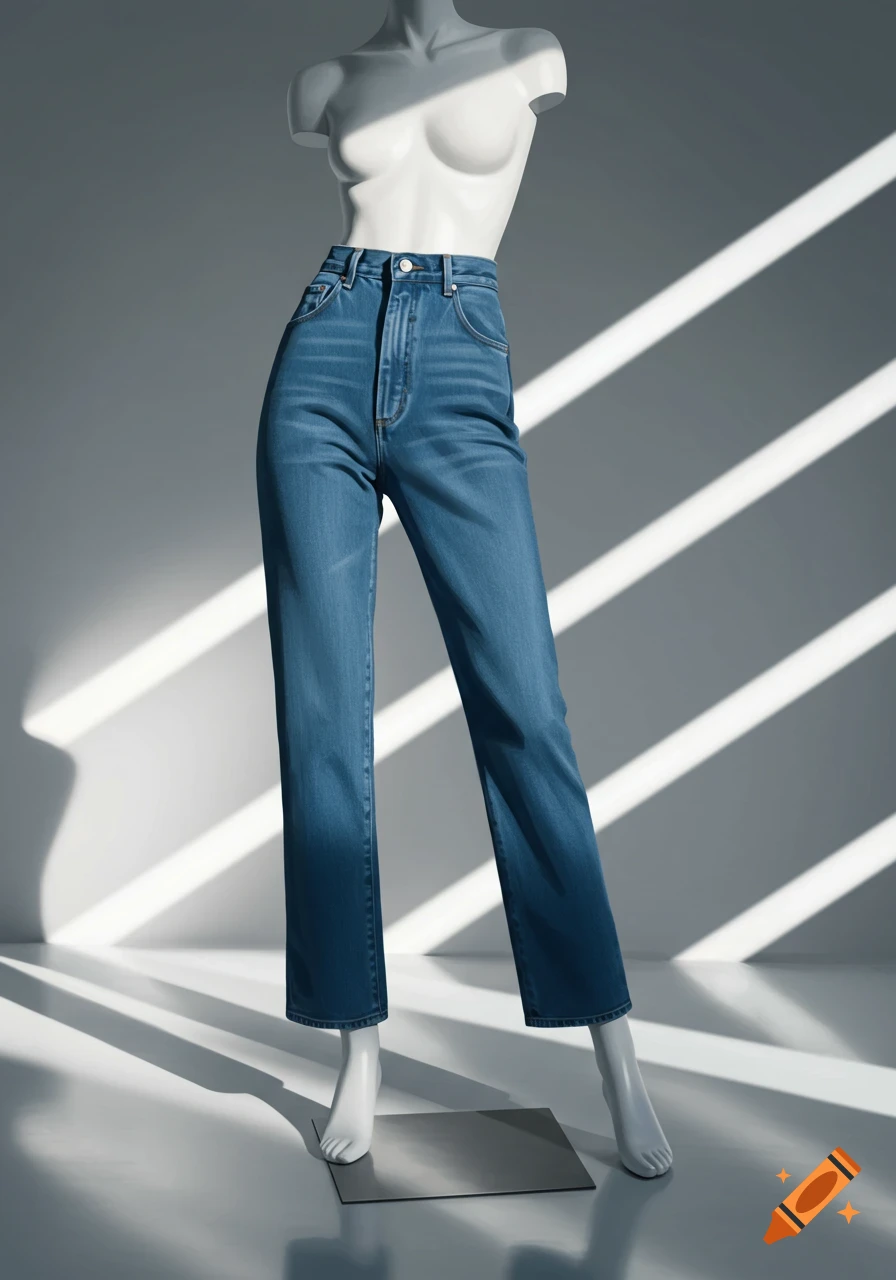 A headless mannequin wearing high-waisted blue jeans stands under striped sunlight.