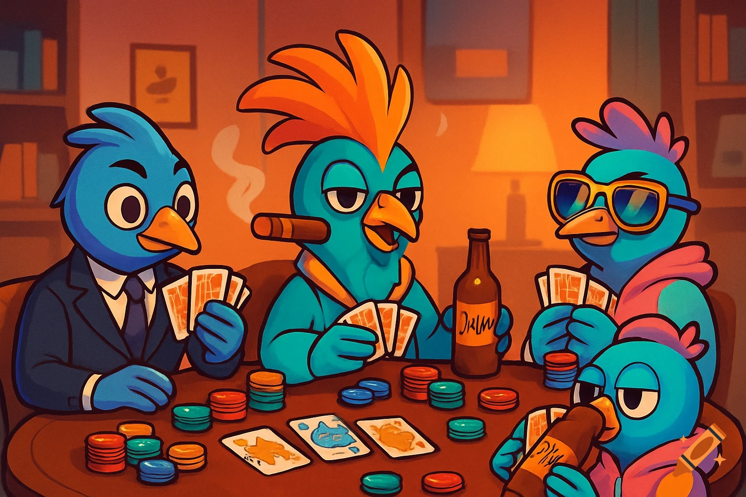 A colorful, modern cartoon shows four distinct birds playing poker in a cozy game room, with chips, cards, cigars, and drinks on the table.