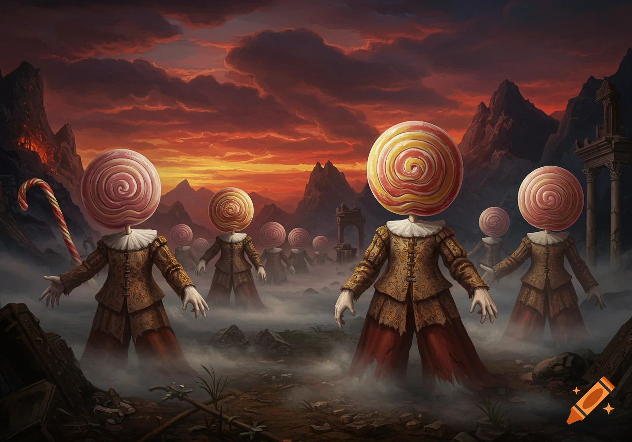 Surreal painting of lollipop-headed figures in renaissance clothing standing in a foggy, apocalyptic landscape under a fiery red sunset.