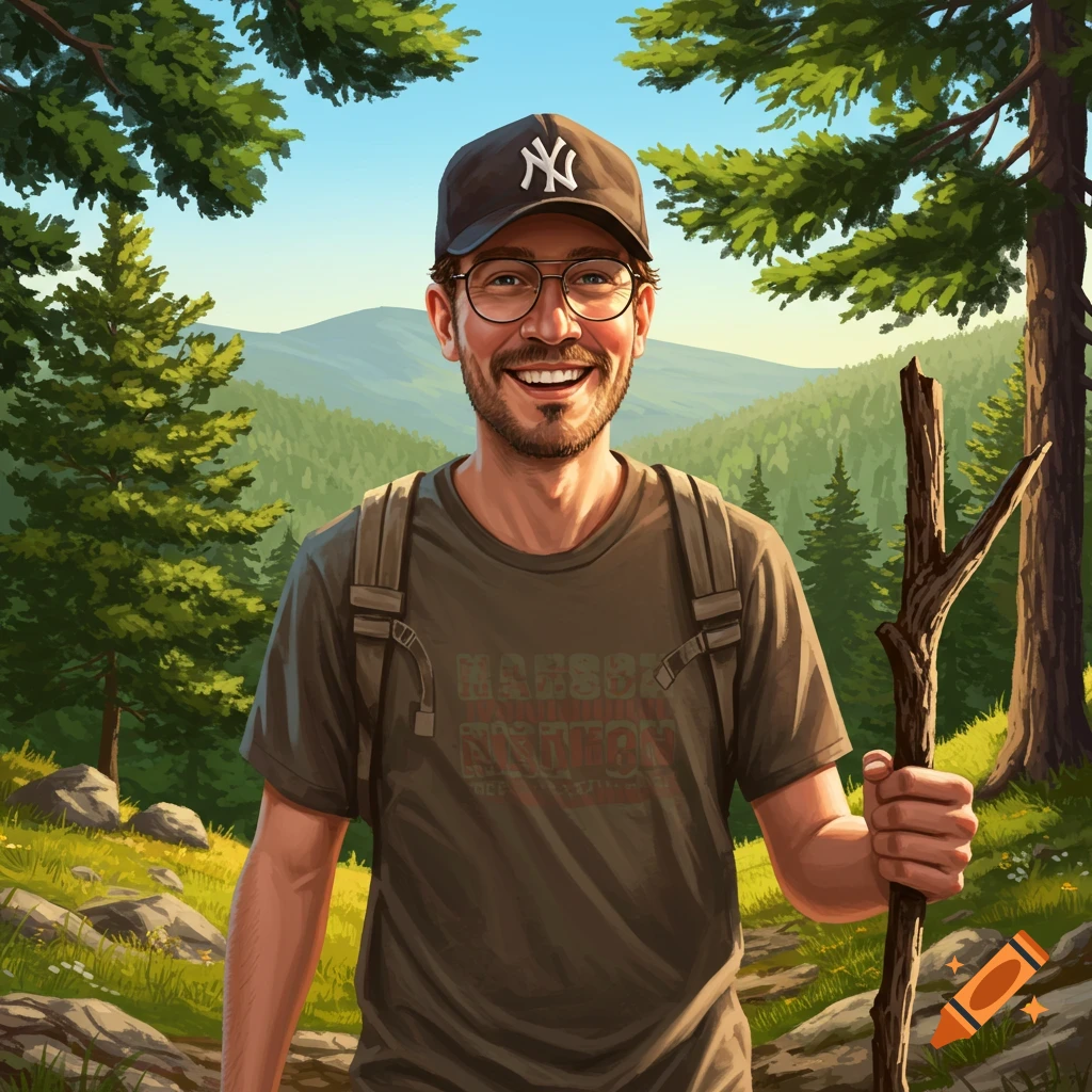A smiling man in a cap and glasses with a backpack holds a stick while hiking in a vibrant, illustrated mountain forest.