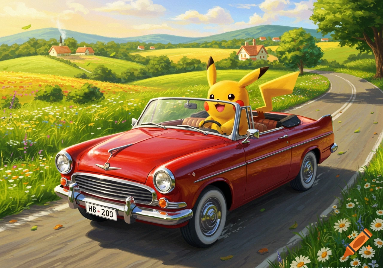 Pikachu drives a red vintage convertible on a winding road through sunny green fields with houses in a vibrant illustration.
