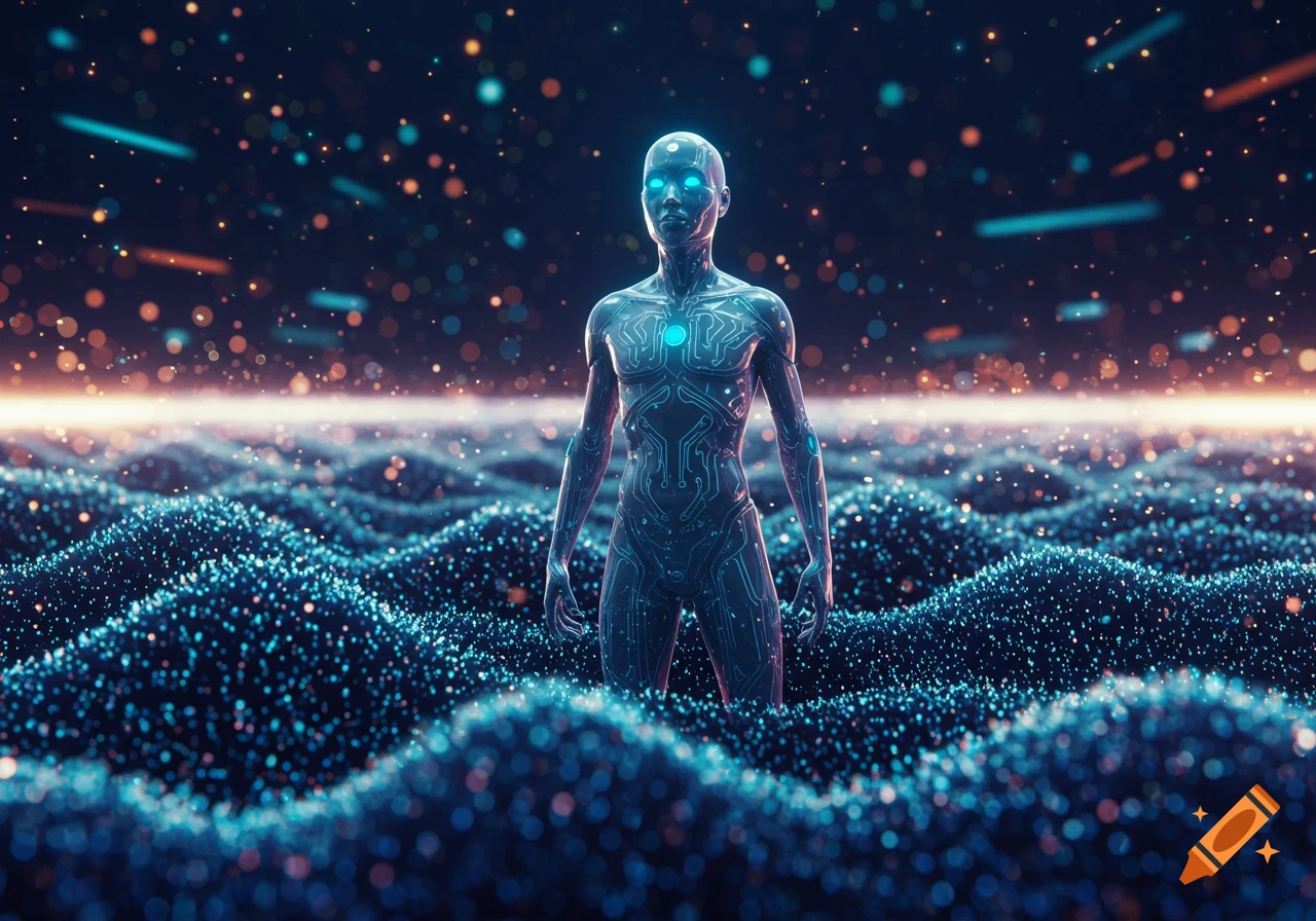 A glowing, translucent humanoid figure with circuit patterns stands in a swirling field of blue and orange digital particles, futuristic.