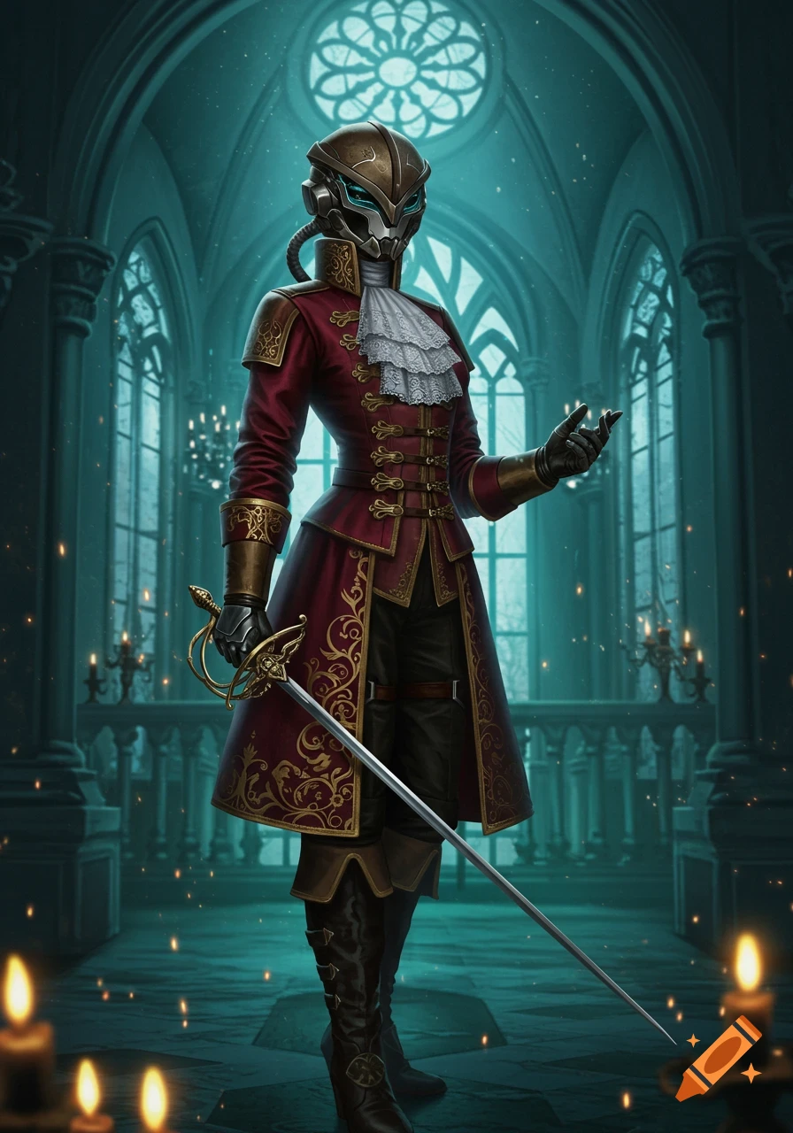 A character in a red baroque uniform and a futuristic mask helmet holds a rapier in a gothic hall with arched windows and candles.