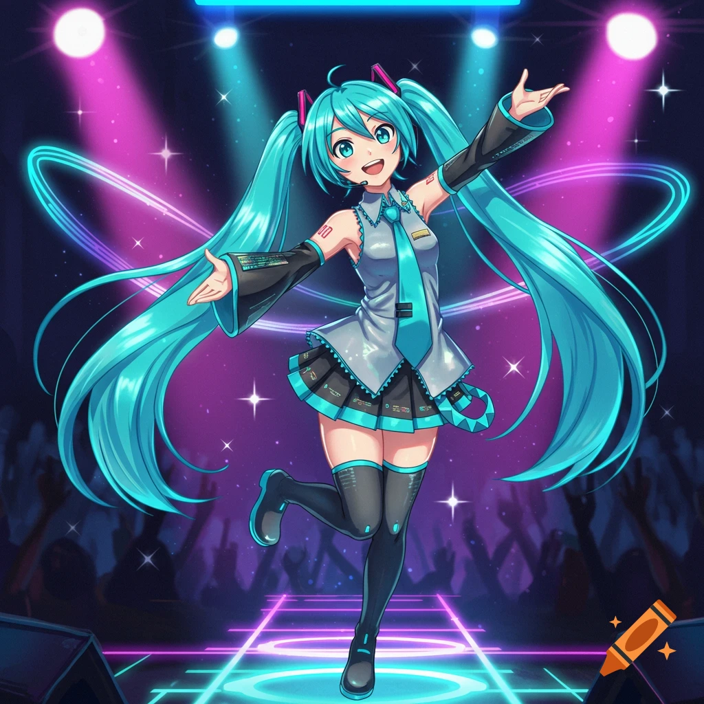 Hatsune Miku, an anime girl with long turquoise pigtails, sings on a futuristic stage with bright spotlights and a cheering crowd.