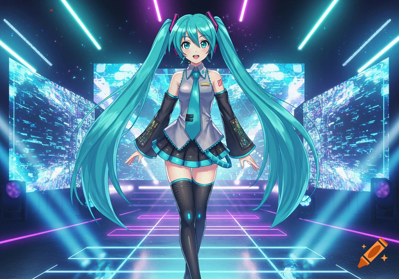 A full-body anime illustration of Hatsune Miku on a futuristic stage with blue and purple neon lights and digital screens.
