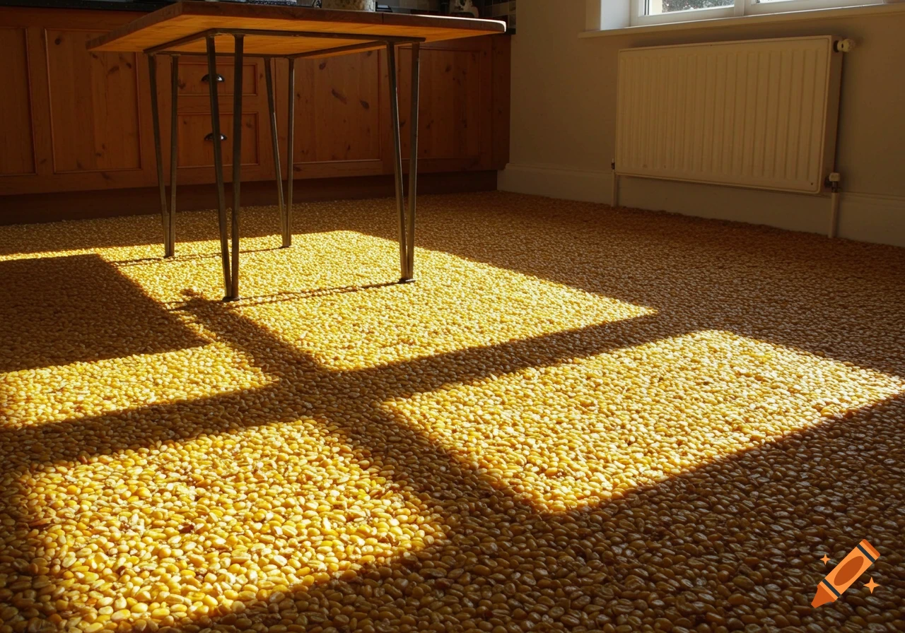 A photorealistic image of a kitchen floor entirely covered in yellow corn kernels, with sunlight casting shadows from a wooden table.