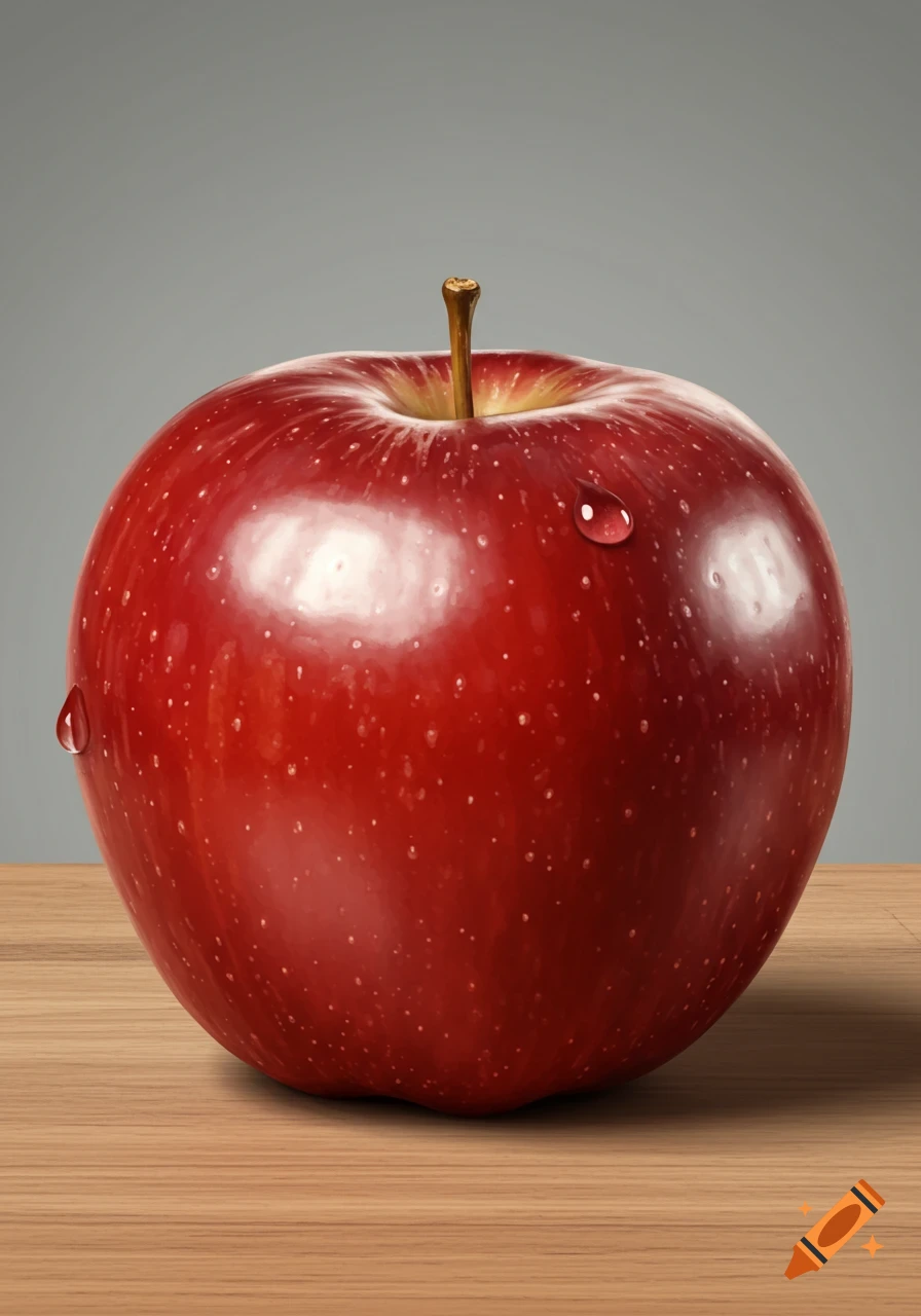 A photorealistic red apple with water droplets sits on a wooden surface against a gray background.