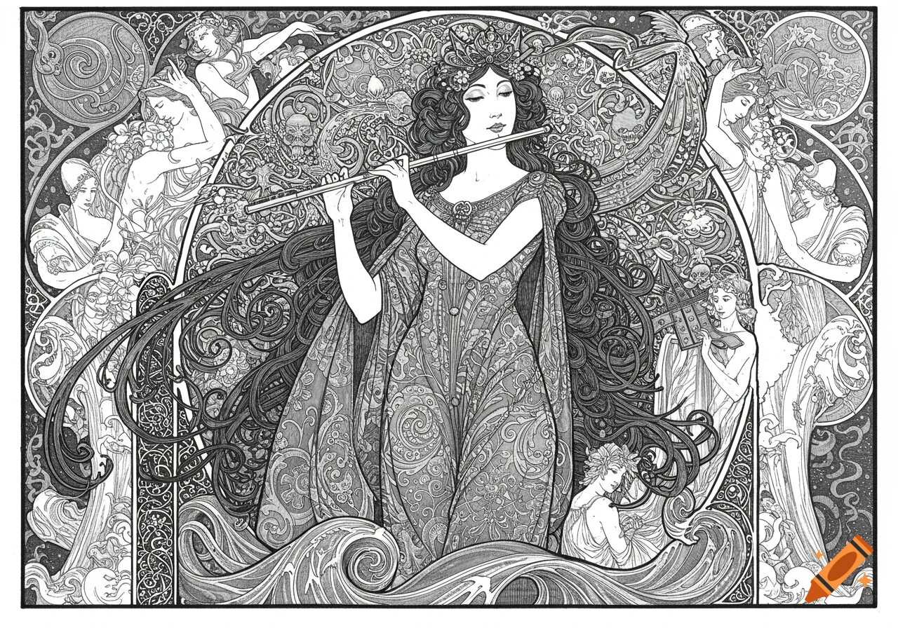 A highly detailed black and white Art Nouveau illustration of a gowned muse playing a flute amidst ornate swirling patterns and ethereal figures.