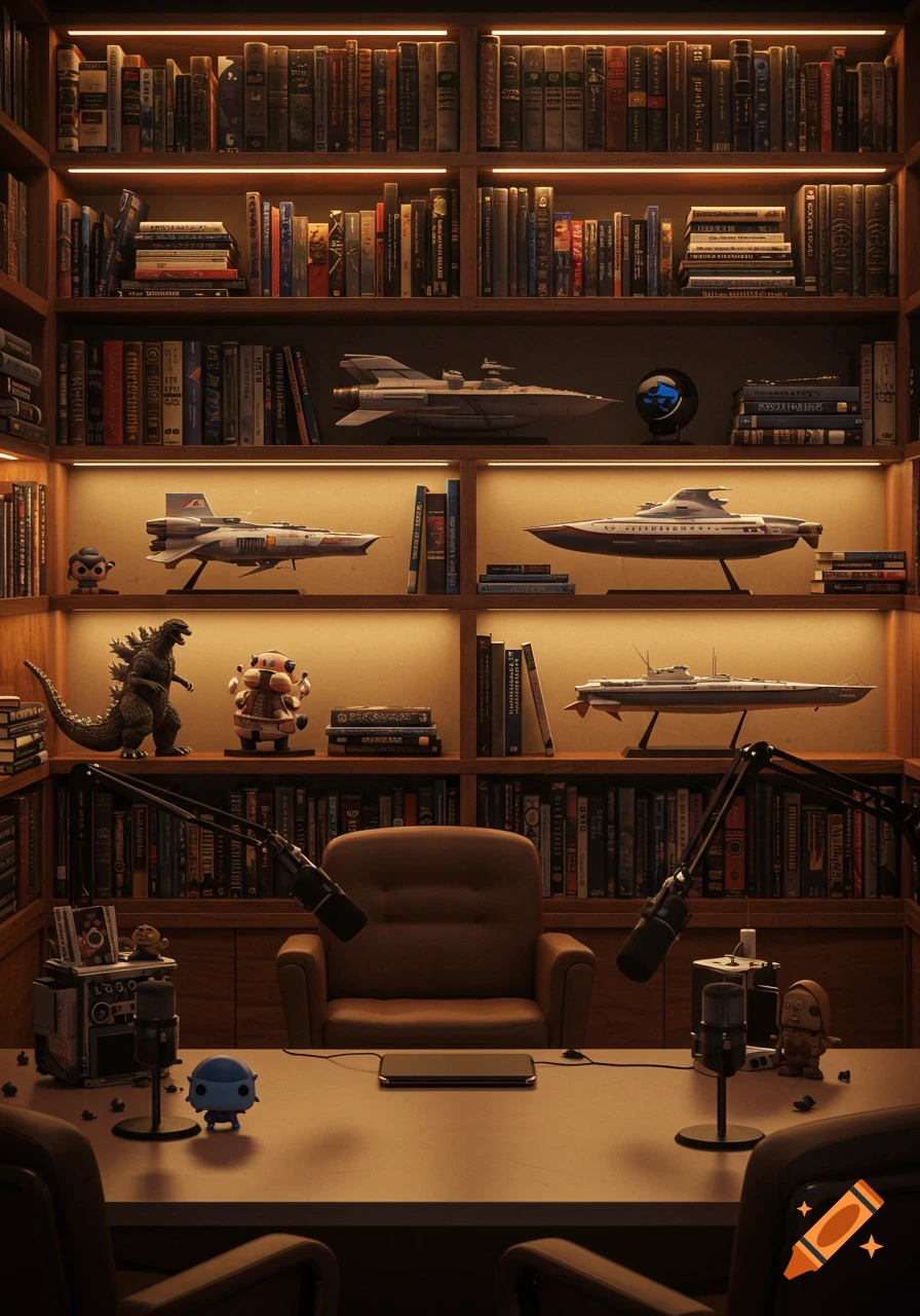 A photorealistic podcast studio with microphones and a brown chair, backed by bookshelves filled with books, sci-fi models, and a Godzilla figure.