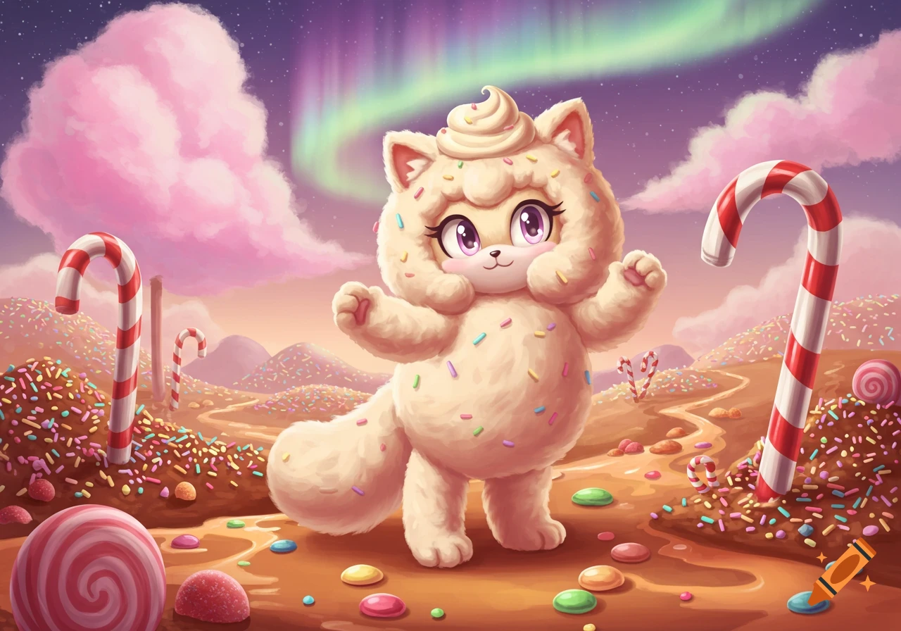 A fluffy, cream-colored cat-like creature covered in sprinkles with whipped cream on its head, standing in a vibrant candy land.