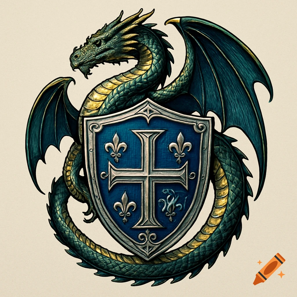A detailed green and gold dragon wraps around a blue shield featuring a white cross and fleur-de-lis on a light background.