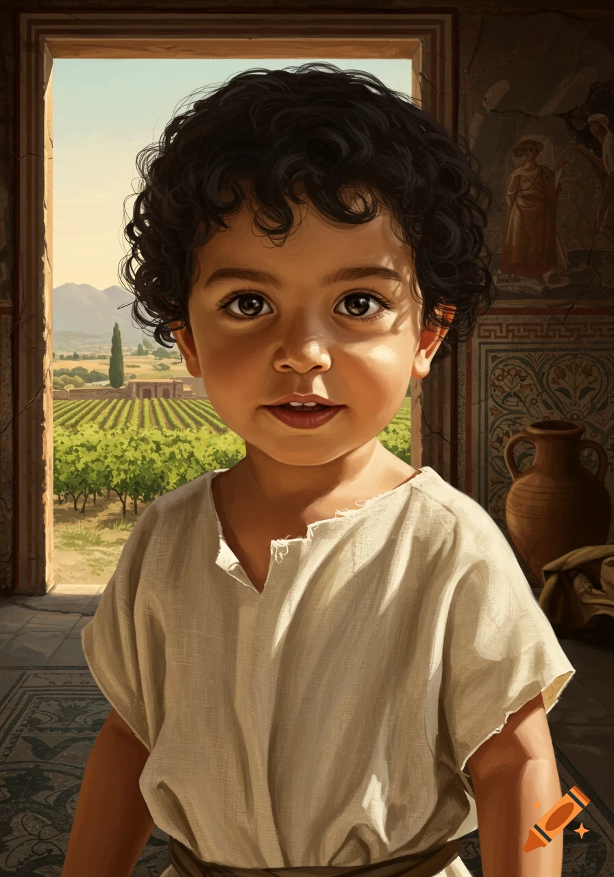 Photorealistic portrait of a young boy with curly dark hair, wearing a tunic, looking out over a vineyard in an ancient Roman villa.