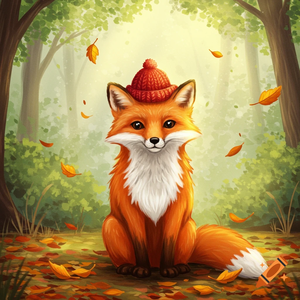 A cute illustrated fox wearing a red knit hat sits in an autumn forest with falling leaves.