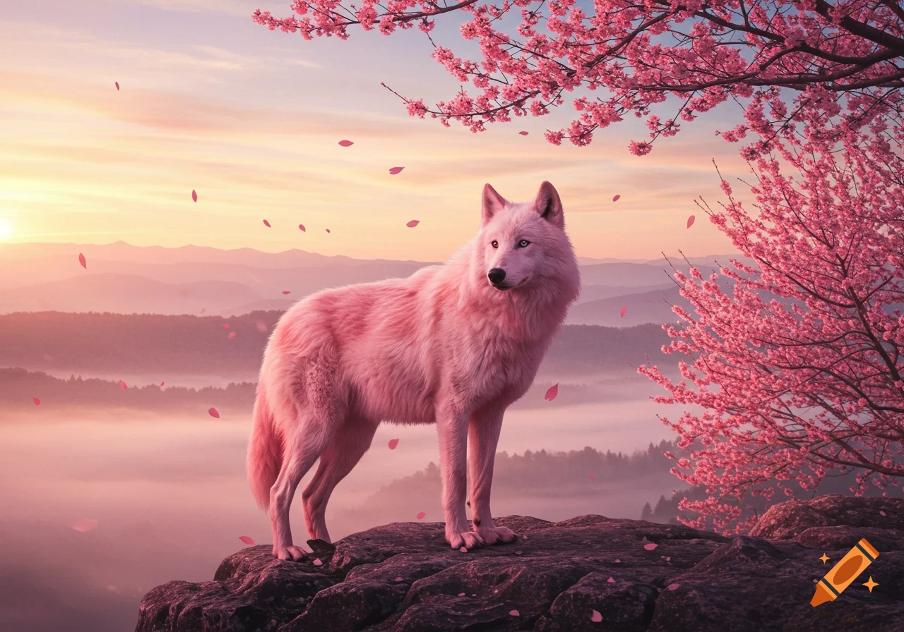 A pink wolf stands on a rocky outcrop, surrounded by falling pink cherry blossom petals against a sunrise over misty mountains.
