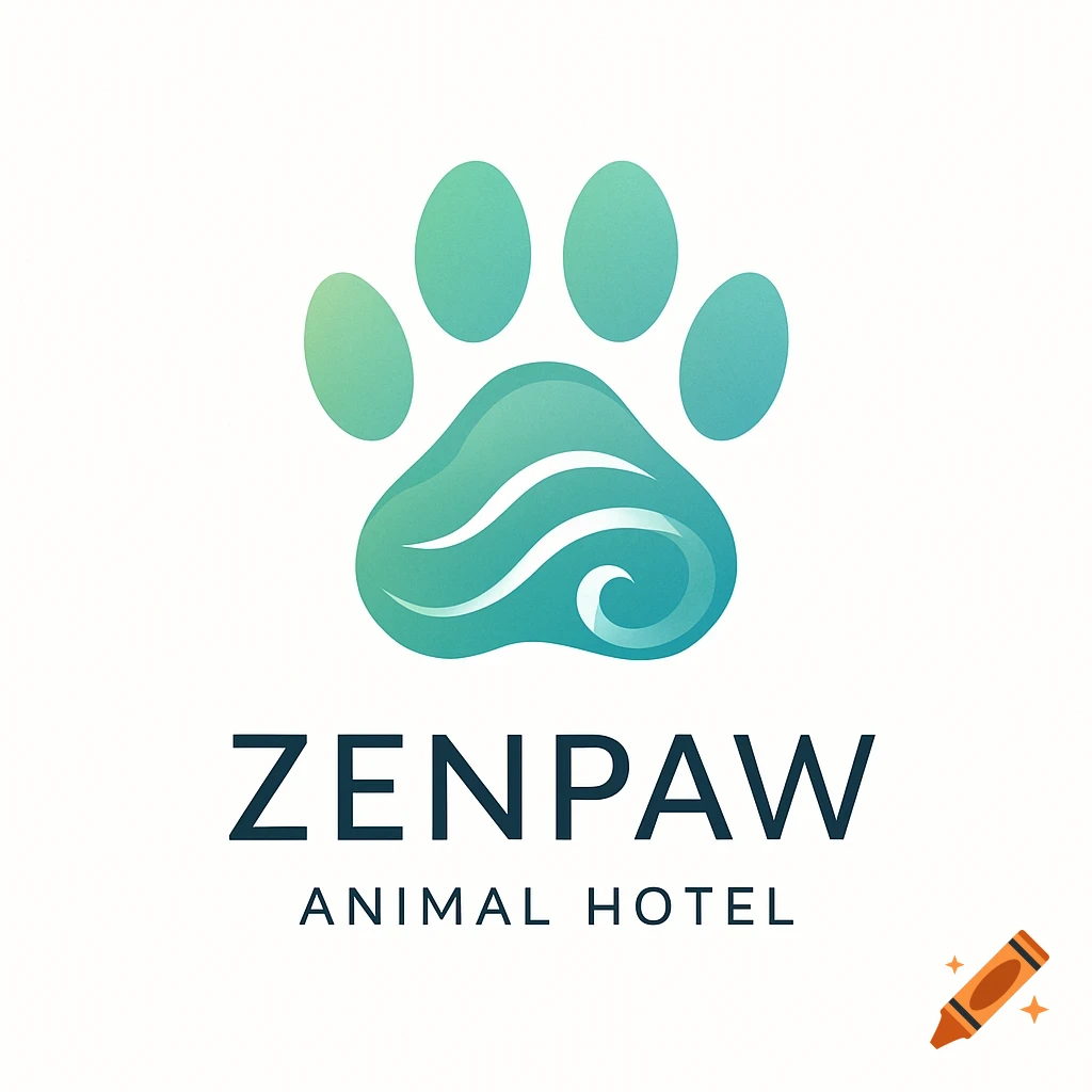 Logo for Zenpaw Animal Hotel featuring a green and blue paw print with wave-like lines, on a white background.