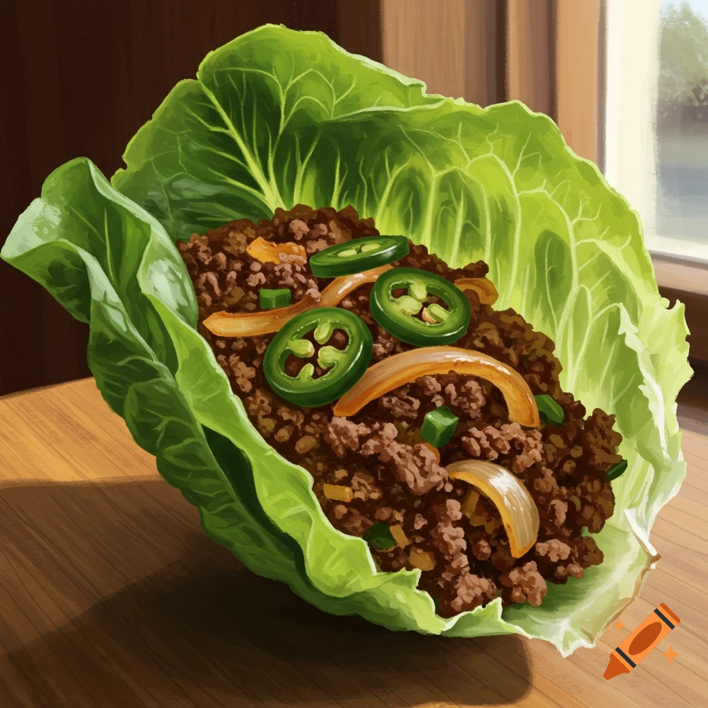 A vibrant lettuce wrap filled with ground beef, sliced jalapeños, and sautéed onions, on a wooden table near a window.