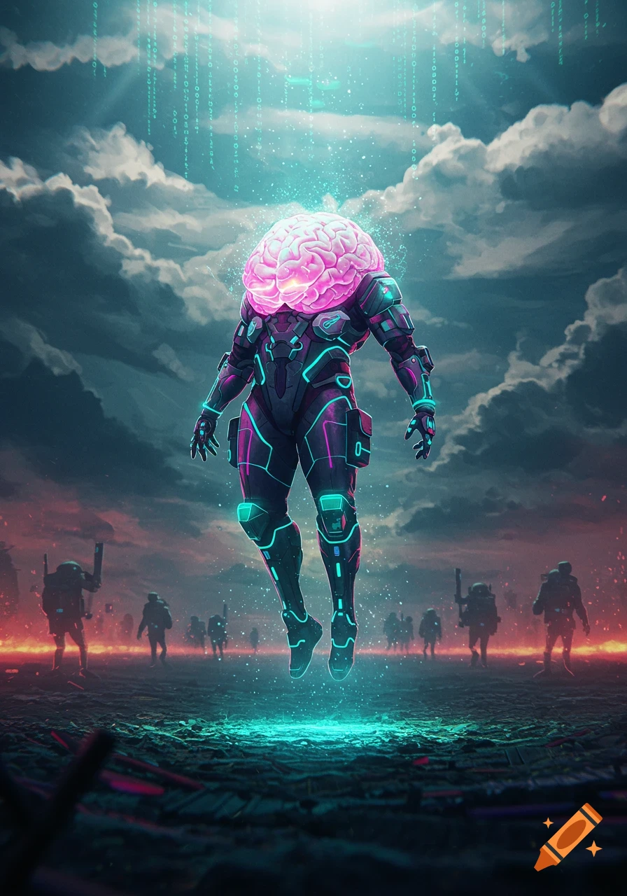 A glowing pink brain in a futuristic soldier suit floats above a battlefield with falling binary code, in an anime style.