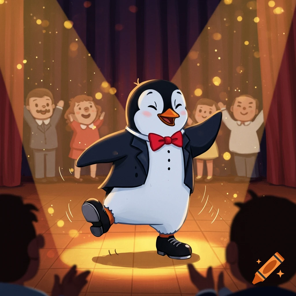 A friendly cartoon penguin in a tuxedo and red bow tie tap dancing on a brightly lit stage, with an audience clapping.