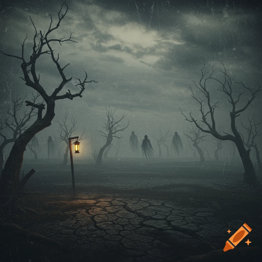A dark, foggy, barren landscape with gnarled trees, cracked earth, a glowing lantern, and shadowy ghost-like figures.