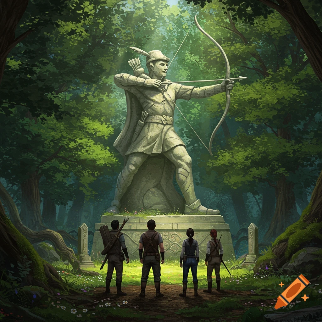 Four explorers stand before a giant stone statue of an archer, likely Robin Hood, in a lush fantasy forest.