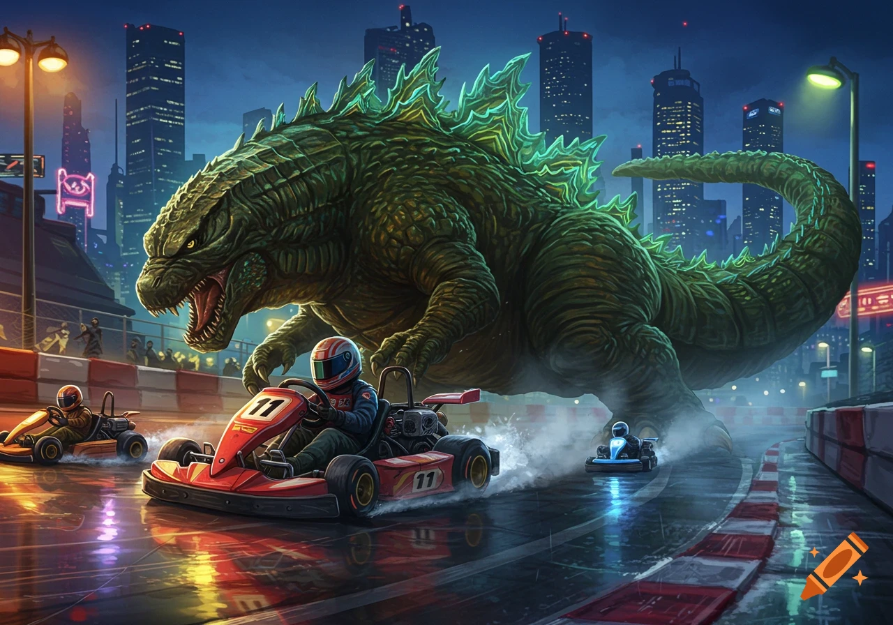 A gigantic Godzilla looms over a nighttime city race track as go-karts speed past on a wet road, dramatic lighting.