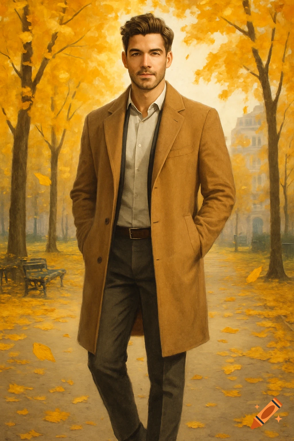 A handsome man in a brown coat and dark trousers stands on a path in an autumn park with golden trees.