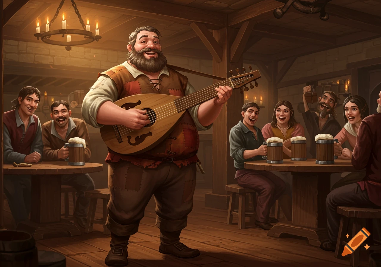 A cheerful, bearded bard plays a lute in a rustic tavern while patrons laugh and drink beer, in a detailed fantasy style.