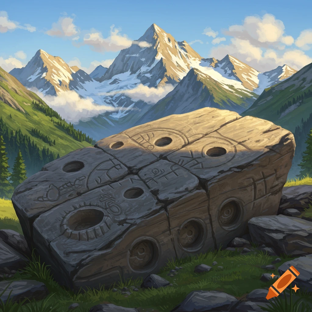 A large, ancient stone block with circular indentations and intricate, illegible carvings rests on grassy terrain, backed by majestic, snow-capped mountains under a clear sky.