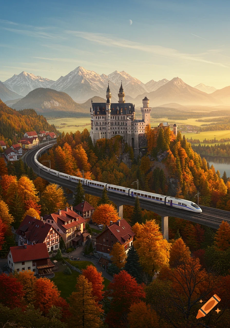 A grand castle, an autumn village, and a high-speed train on a viaduct in a mountainous landscape.
