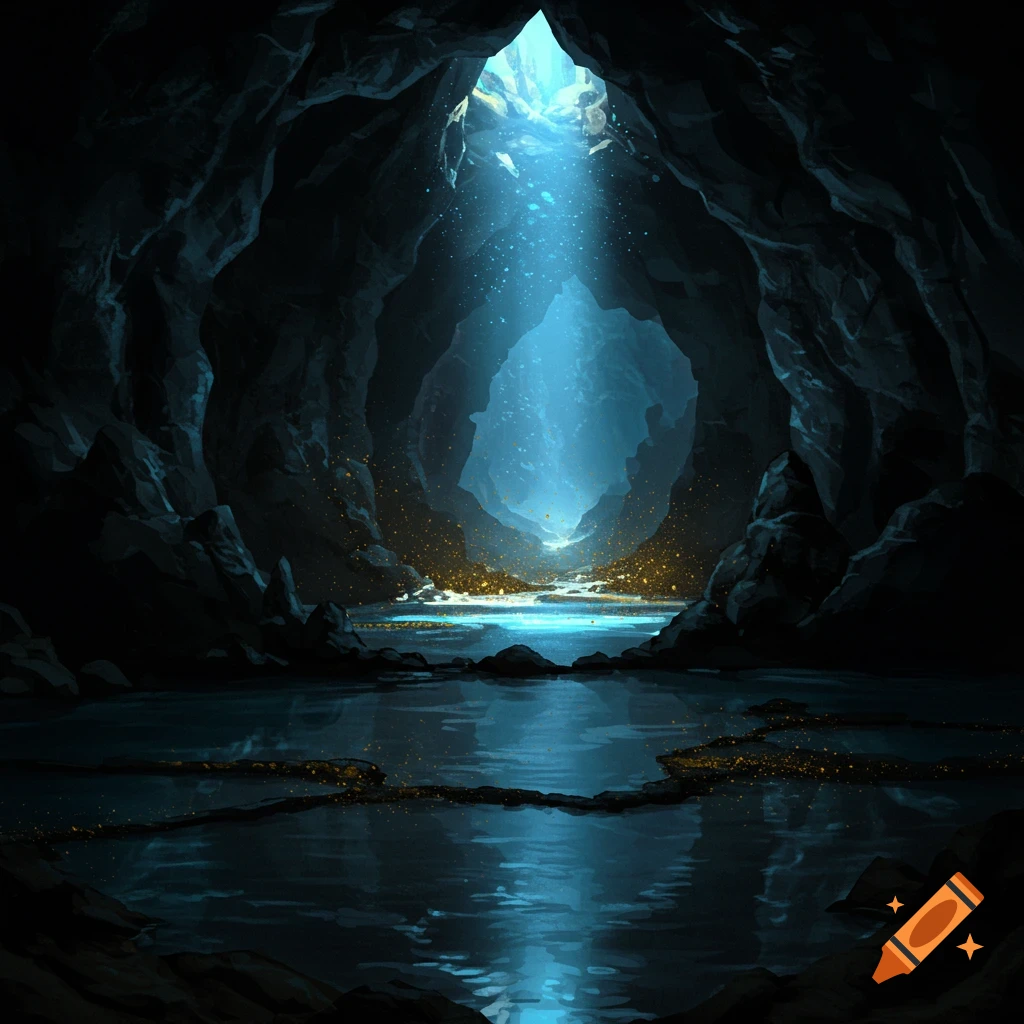 Dark cave interior with a glowing blue pool reflecting a bright light beam from an overhead opening, gold flecks on the water and ground.