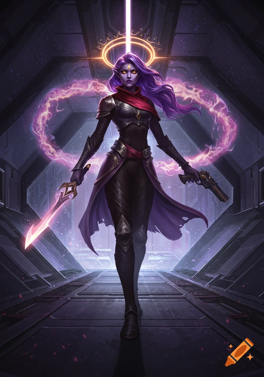 A sci-fi fantasy warrior with purple hair, glowing eyes, and dark armor, holding a radiant sword and futuristic gun in a futuristic hall.