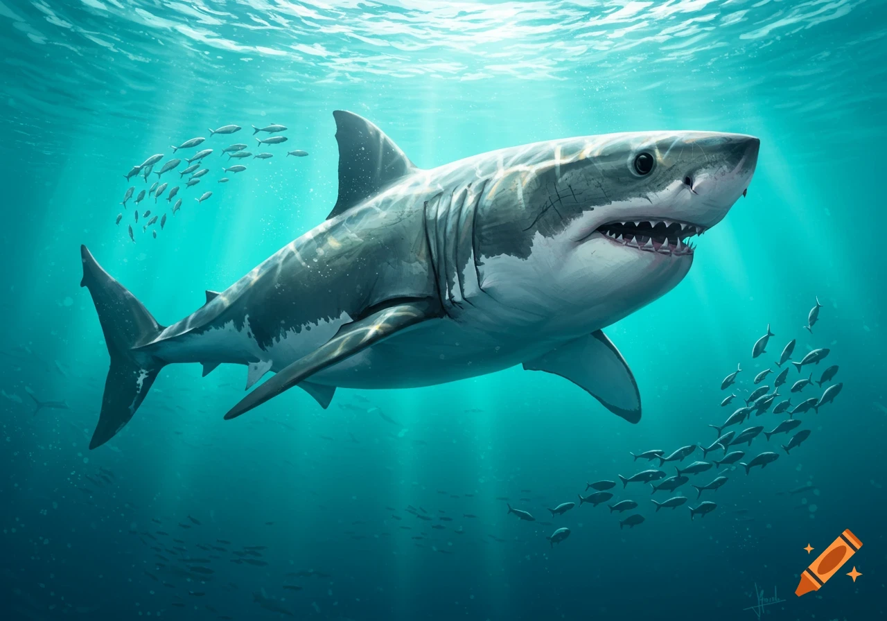 A great white shark swims through clear blue ocean water, surrounded by schools of small fish.