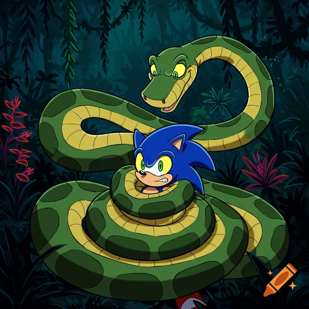 Kaa, a cartoon green python, constricts Sonic the Hedgehog in a dark, leafy jungle setting.