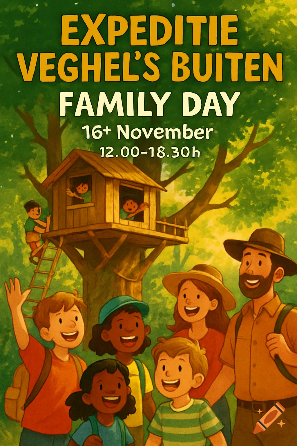 A colorful illustration of a family and children smiling around a treehouse in a vibrant forest, with event text.